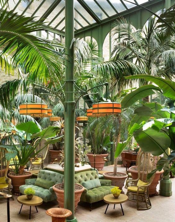 Sunlit glass conservatory lounge filled with palms and green velvet sofas